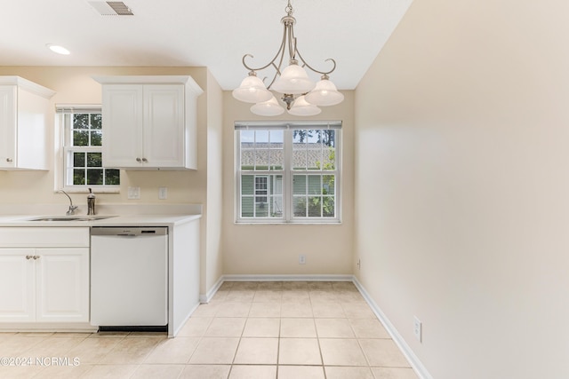 kitchen with pendant lighting, sink, light tile patterned floors, white dishwasher, and white cabinets