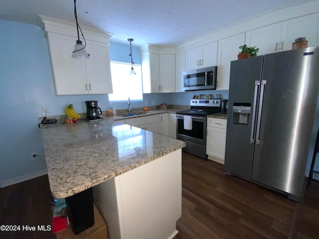 kitchen featuring dark wood-type flooring, kitchen peninsula, decorative light fixtures, white cabinetry, and appliances with stainless steel finishes