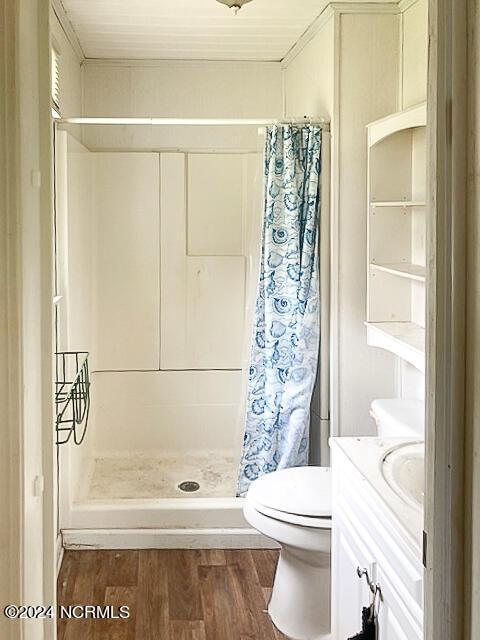 165 Polly Hill Rd, Marshallberg, NC 28553 - full bath with wood finished floors, a stall shower, toilet, and vanity