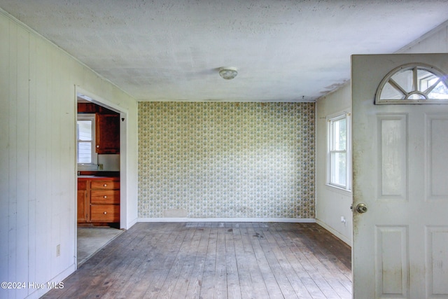 entryway with hardwood / wood-style floors, plenty of natural light, and wood walls