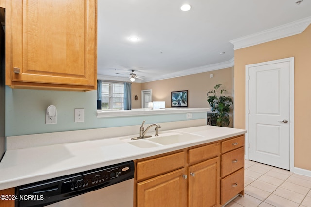 kitchen with sink, ornamental molding, stainless steel dishwasher, ceiling fan, and light tile patterned floors