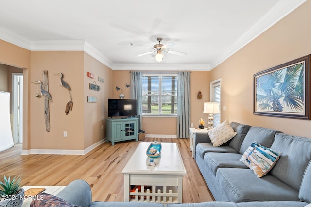 living room with light wood-type flooring, ceiling fan, and ornamental molding