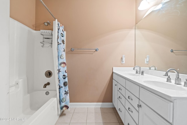 bathroom featuring vanity, shower / bath combo, and tile patterned floors