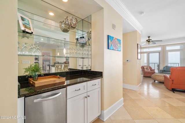 bar with white cabinetry, ceiling fan, dark stone countertops, and stainless steel dishwasher