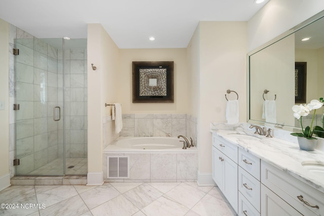1435 Salter Path Rd Unit E7Grande, Villas, Indian Beach, NC 28512 - full bathroom with a garden tub, a stall shower, double vanity, marble look tiles, and recessed lighting