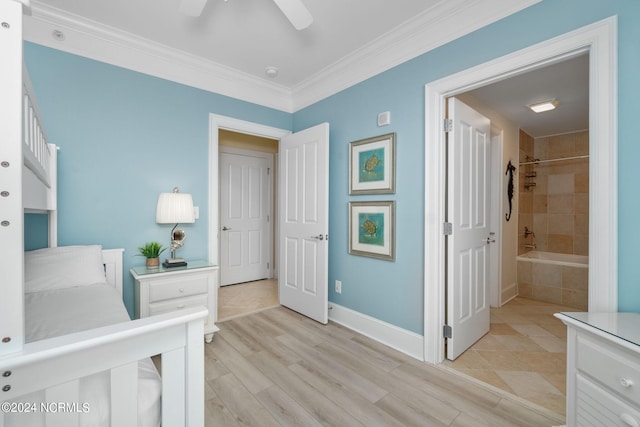 bedroom with ceiling fan, ornamental molding, and light hardwood / wood-style flooring