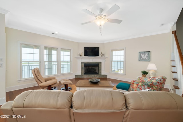 living room featuring crown molding, wood-type flooring, a high end fireplace, and ceiling fan