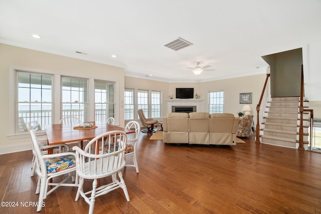 dining space with crown molding, ceiling fan, and dark hardwood / wood-style flooring