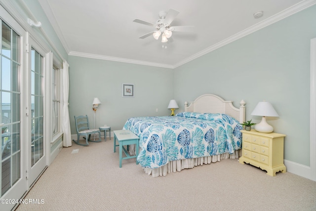 bedroom with ceiling fan, ornamental molding, carpet flooring, and access to outside