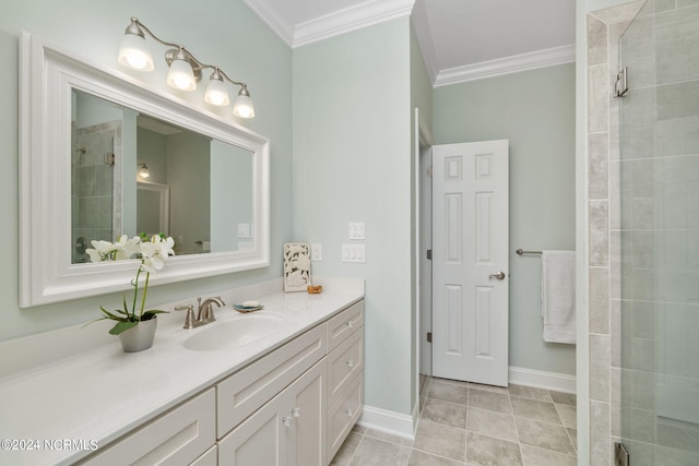 bathroom featuring tile patterned flooring, crown molding, an enclosed shower, and vanity