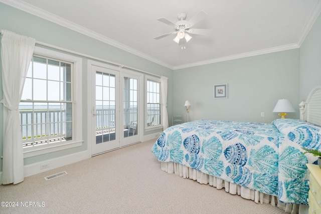 bedroom featuring crown molding, carpet floors, access to outside, and ceiling fan