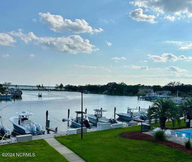 view of dock with a water view