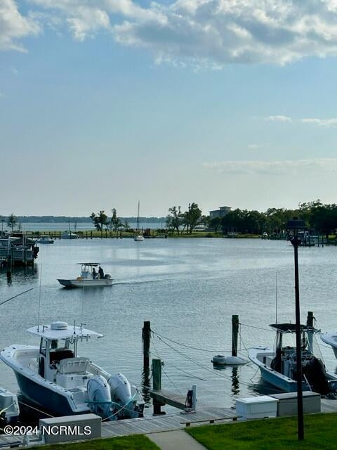 property view of water with a dock