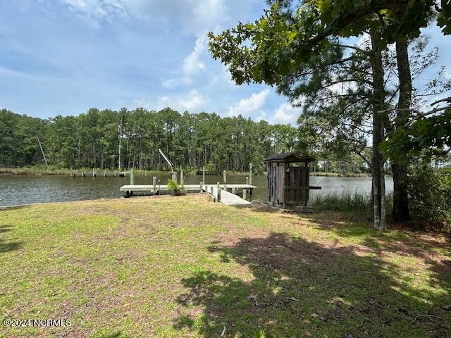 view of yard with a dock and a water view