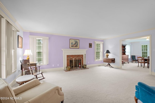 living room with a fireplace, crown molding, and light colored carpet