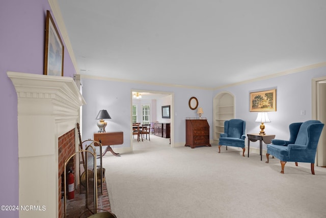 living area featuring built in features, a fireplace, light colored carpet, and ornamental molding