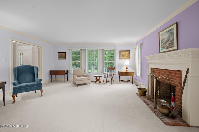 living room with carpet, a brick fireplace, and ornamental molding