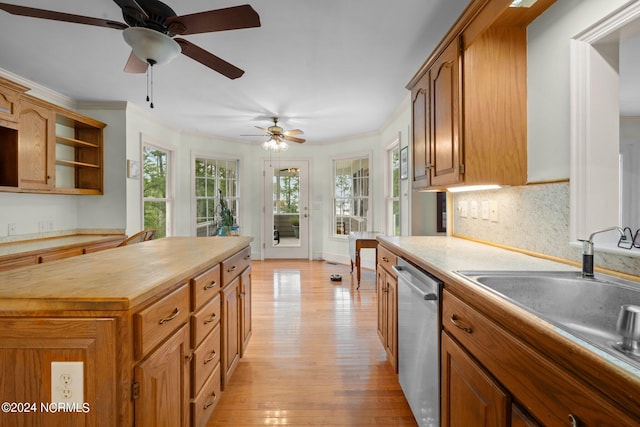 kitchen with light hardwood / wood-style flooring, sink, stainless steel dishwasher, decorative backsplash, and ceiling fan