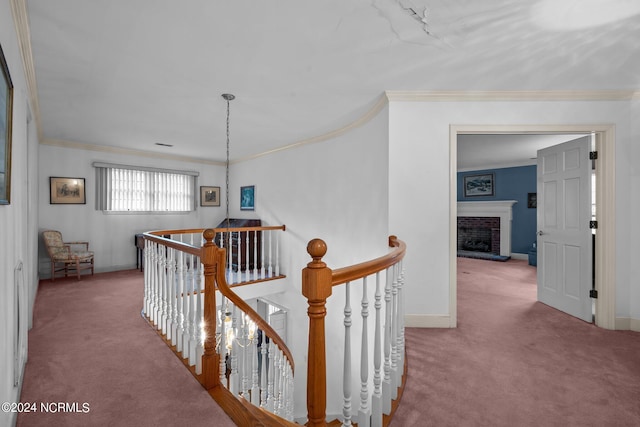 corridor with carpet and ornamental molding