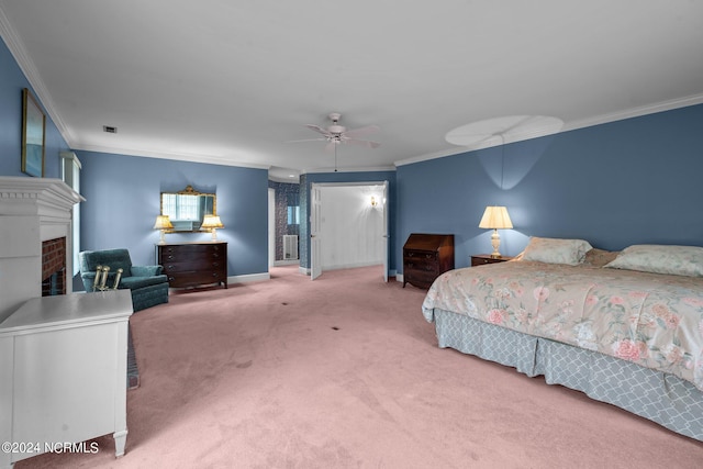 bedroom with crown molding, carpet, and ceiling fan