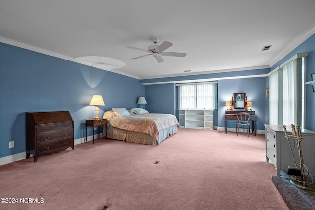 bedroom with light carpet, ornamental molding, and ceiling fan