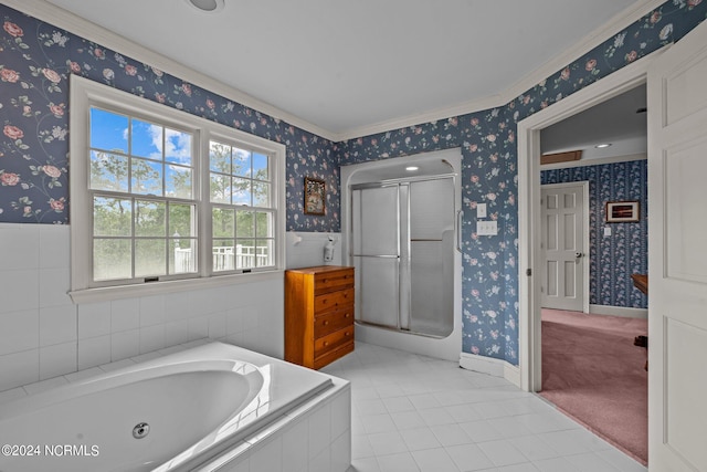 bathroom featuring independent shower and bath, tile patterned floors, and crown molding