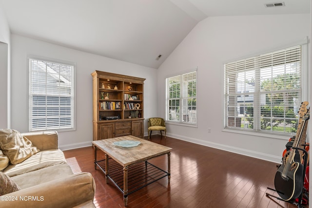 living room with high vaulted ceiling and dark hardwood / wood-style floors