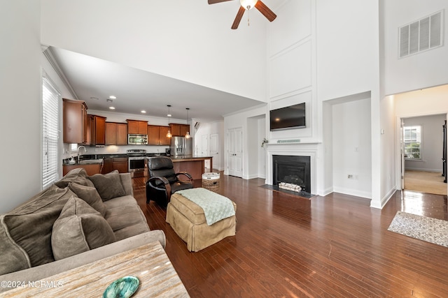 living room with a high ceiling, plenty of natural light, sink, and dark wood-type flooring