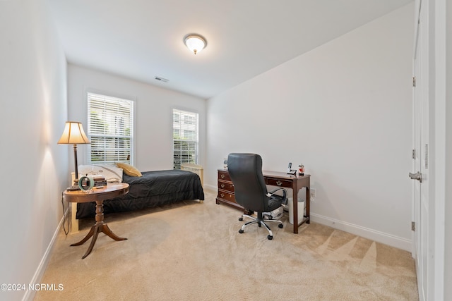 bedroom with light colored carpet