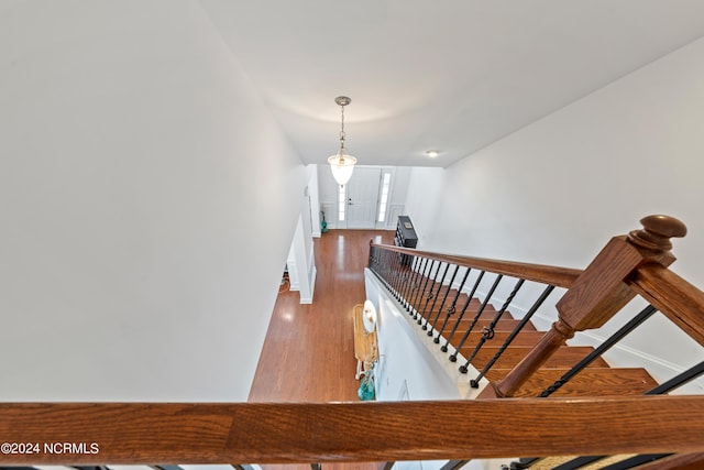 stairway with hardwood / wood-style flooring