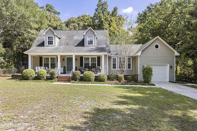 cape cod-style house with a front lawn, covered porch, and a garage