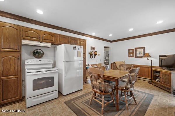 kitchen featuring a baseboard radiator, white appliances, ornamental molding, and light tile patterned floors