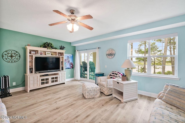 living room featuring ceiling fan and light hardwood / wood-style floors