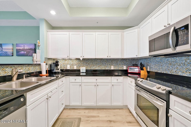 kitchen featuring a raised ceiling, light hardwood / wood-style flooring, appliances with stainless steel finishes, sink, and decorative backsplash