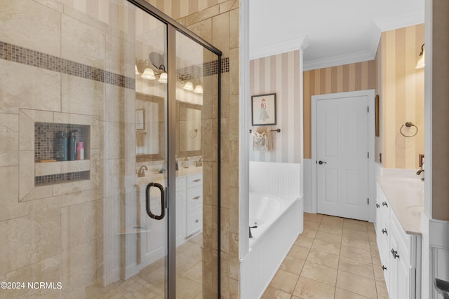 full bath with crown molding, double vanity, wallpapered walls, a stall shower, and a bath