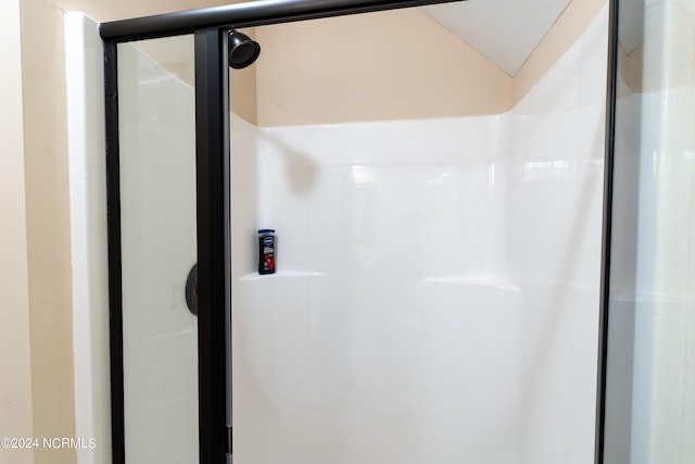 bathroom featuring a shower and lofted ceiling