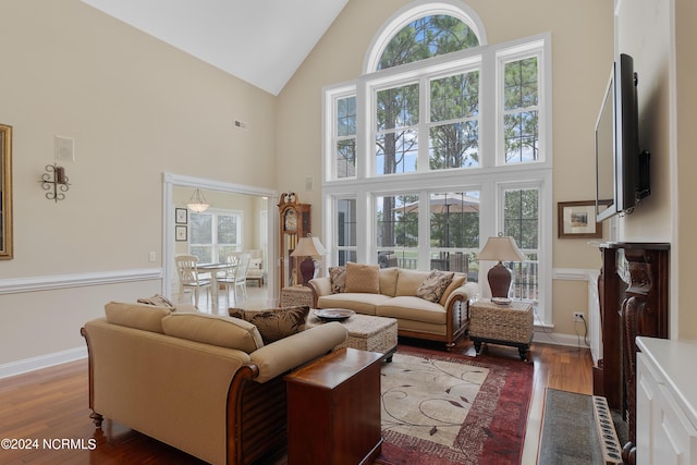 living room with baseboards, high vaulted ceiling, and wood finished floors