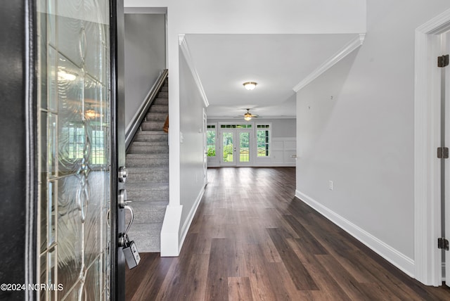 entryway with ceiling fan, crown molding, and wood-type flooring