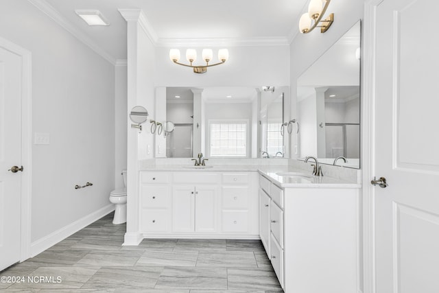 bathroom featuring decorative columns, toilet, crown molding, tile patterned floors, and dual vanity