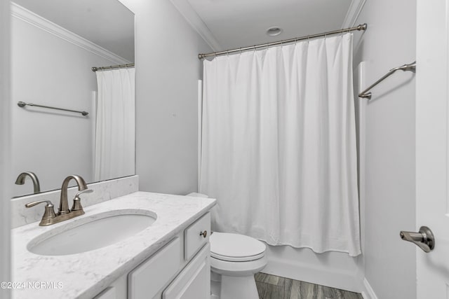 full bathroom with toilet, ornamental molding, vanity, and shower / bath combination with curtain