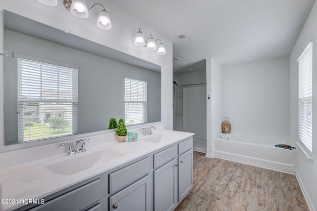 bathroom with wood-type flooring, double sink vanity, a tub, and a wealth of natural light