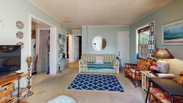 living room featuring crown molding, light carpet, and a textured ceiling