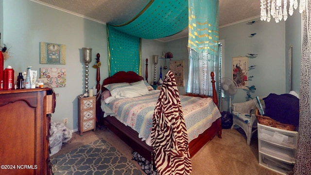 bedroom with ornamental molding, carpet floors, a notable chandelier, and a textured ceiling