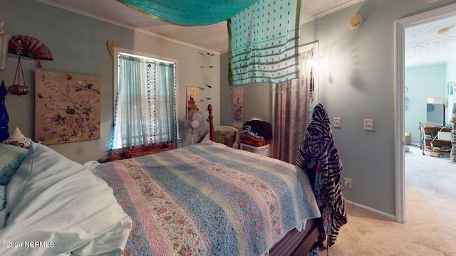 carpeted bedroom with crown molding and a textured ceiling