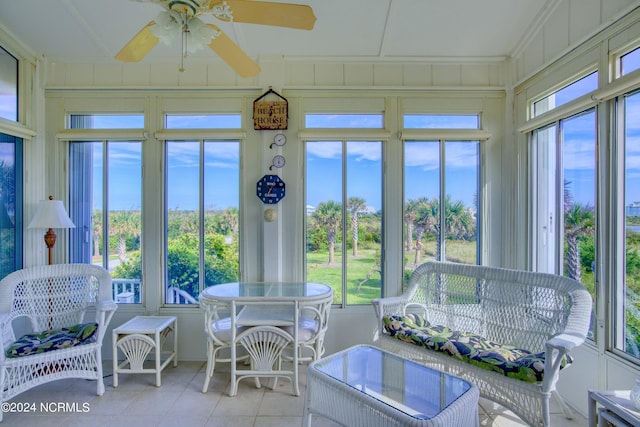 sunroom featuring ceiling fan