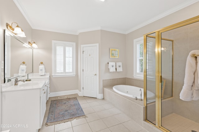 bathroom with ornamental molding, vanity, a healthy amount of sunlight, and plus walk in shower