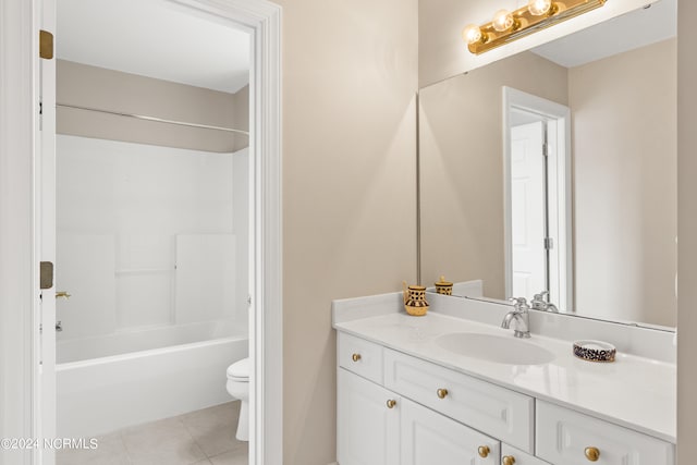 full bathroom featuring shower / bathing tub combination, vanity, toilet, and tile patterned floors