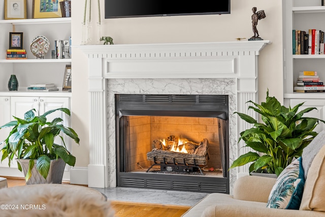 details featuring hardwood / wood-style floors, a fireplace, and built in shelves