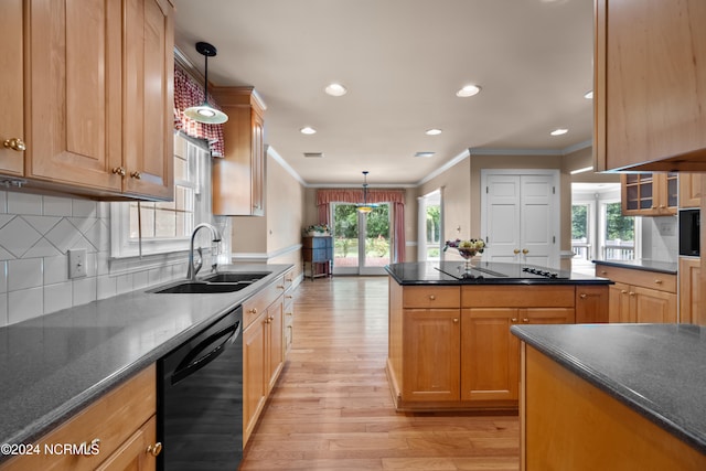 kitchen with light wood-type flooring, a wealth of natural light, sink, and black appliances