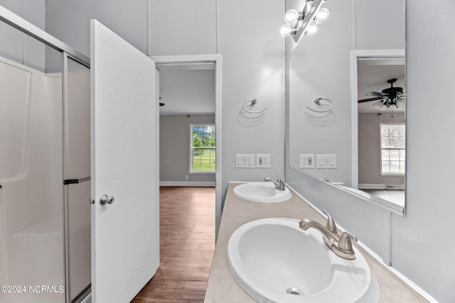 bathroom featuring double vanity, wood finished floors, a sink, and a shower stall